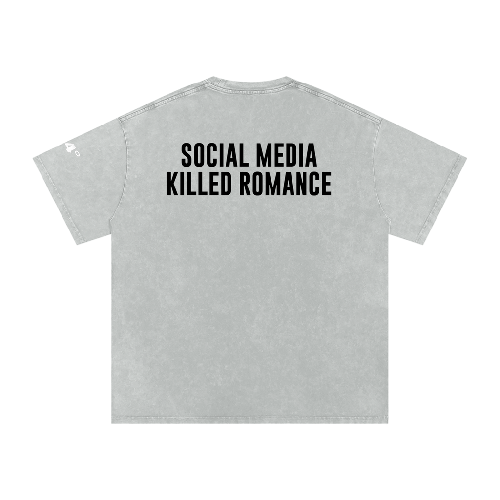 'Social Media Killed Romance' Snow Washed Oversized Cotton T-Shirt With Sleeve Detail - 94 DEGREES