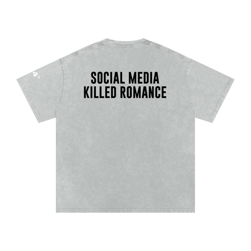 'Social Media Killed Romance' Snow Washed Oversized Cotton T-Shirt With Sleeve Detail - 94 DEGREES