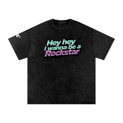'Hey Hey I Wanna Be A Rockstar' Snow Washed Oversized Cotton Rockstar T-Shirt with Sleeve Detail - 94 DEGREES