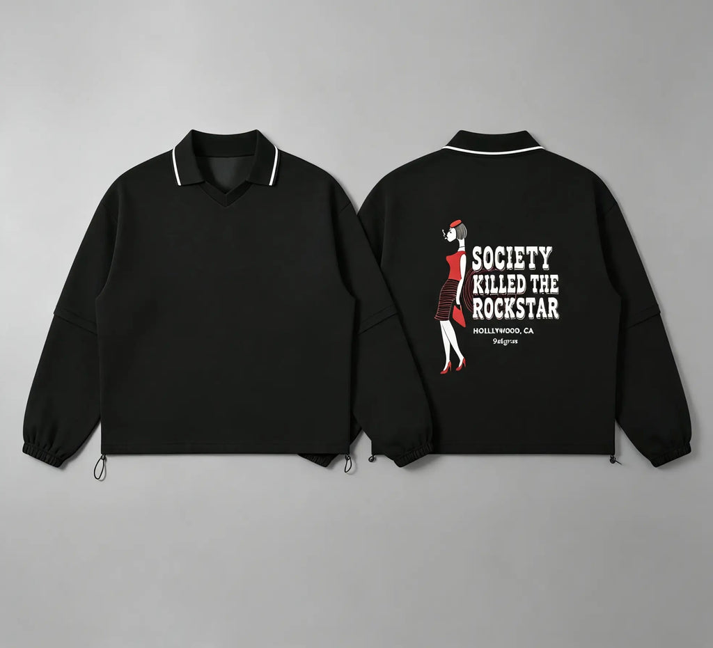 Unisex Boxy Collared Detachable Sweatshirt -'Society Killed The Rockstar'