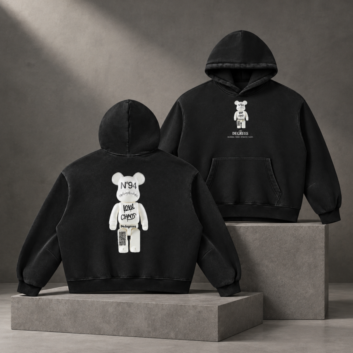 Unisex Vintage Wash Boxy Fleece Hoodie -Bearbrick love chaos