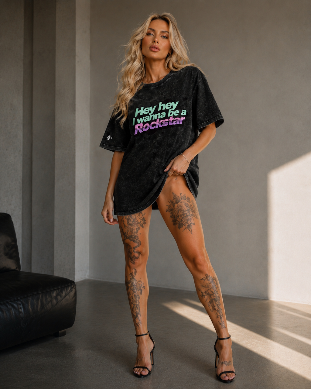 'Hey Hey I Wanna Be A Rockstar' Snow Washed Oversized Cotton Rockstar T-Shirt with Sleeve Detail - 94 DEGREES