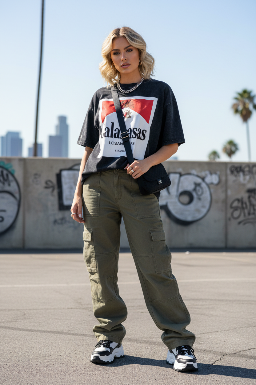Snow Washed Oversized Cotton T-Shirt with Signature 'Calabasas Graffiti' Design